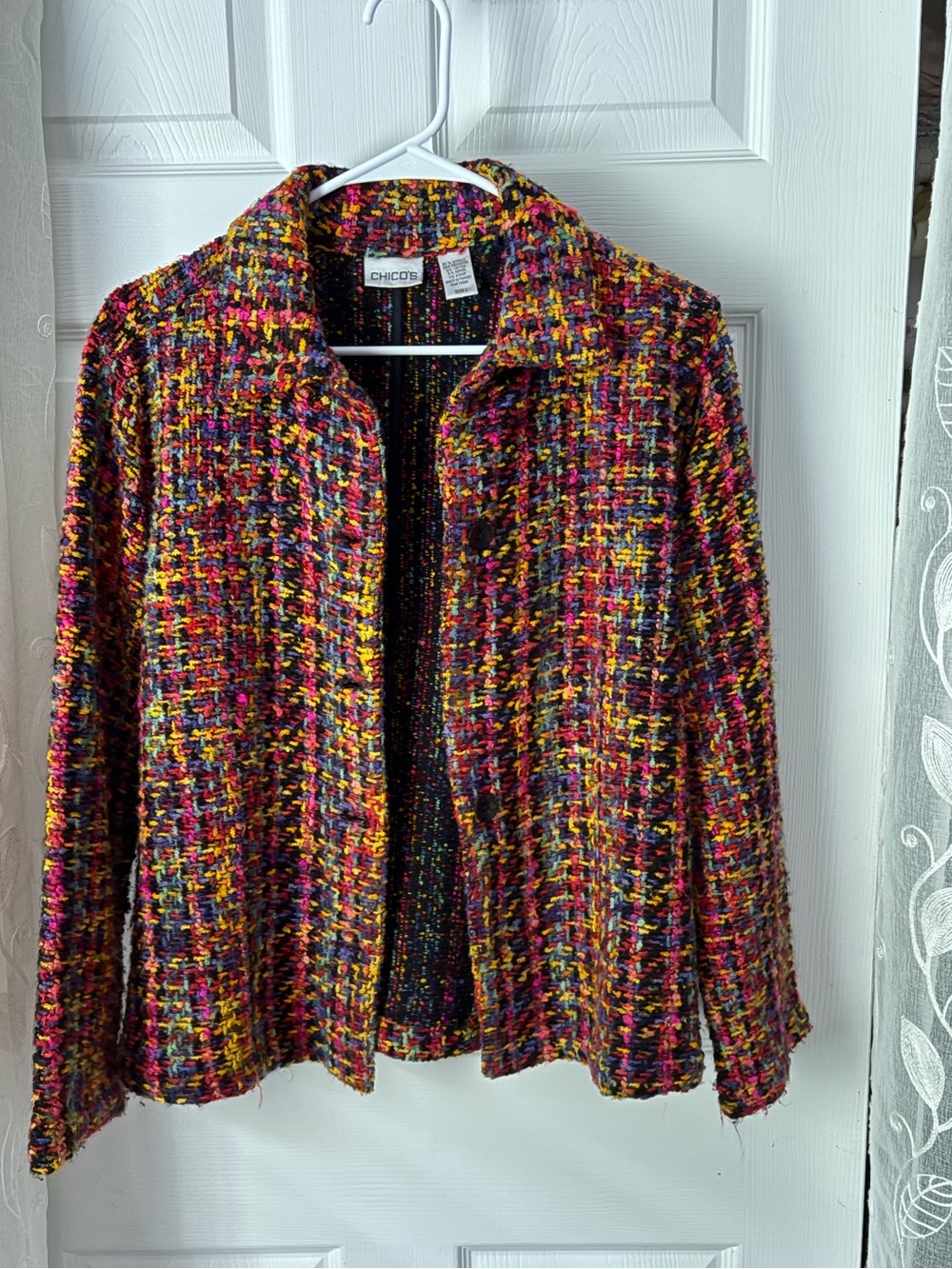 Chico's Multicolor Tweed Open-Front Jacket size M missing 2 buttons in the front